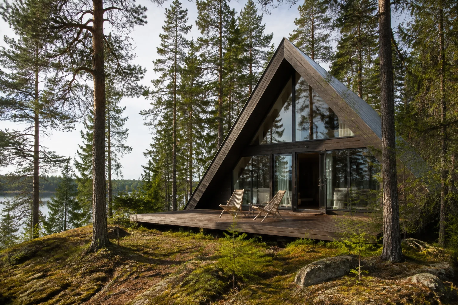 Уютный A-frame среди высоких сосен